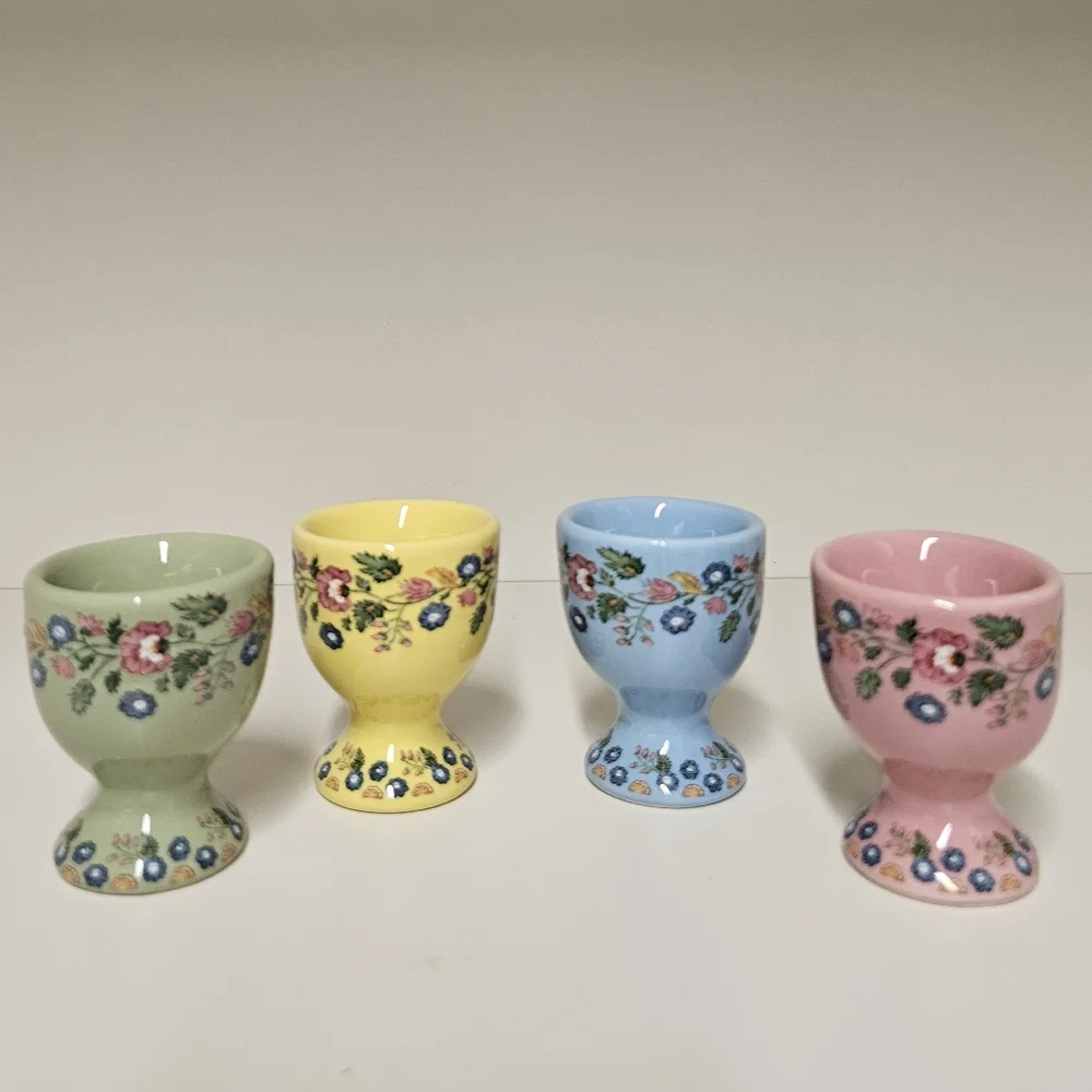 Pottery Barn Floral  Ceramic Botanical Bunny Egg Cups Set - Pastel Colors
